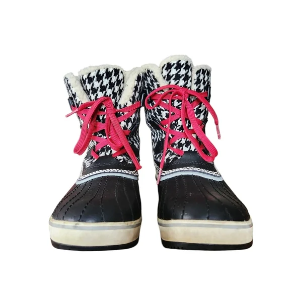 Sorel Tivoli Boots Women US 9 Black Cream Houndstooth Winter Lace-Up Waterproof - Picture 5 of 12